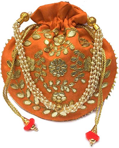 Zoya Gems & Jewellery Women’s Handbag, Wedding Potli Bag, Evening Bags, Designer Silk Potli Bag, Orange Potli Bag Purse, Indian Ethnic Potli Bag, Gota Patti Handbag