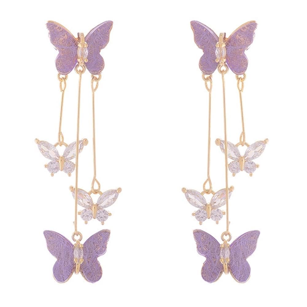 FUTIMELY Purple Butterfly Drop Dangle Earrings for Women,Spring Rhinestone Crystal Lavender Tassel Earrings Preppy Personalized Jewelry