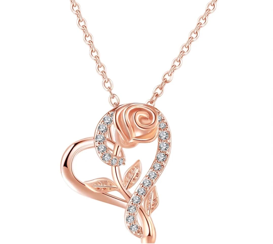 Nilu's Collection Stylish CZ Chain Pendent Set for Women, Heart Shaped Pendant with Rose Design