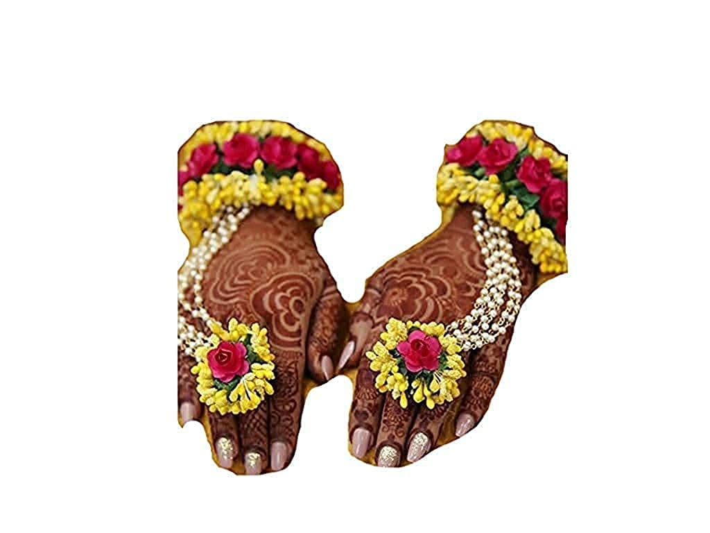 Real Trend Premium Yellow and Pink Flower Jewellery Set Bracelets (adjustable).2 Items Hand Jewellery for Haldi, Baby Shower, Mehndi Godbharai Set For Women And Girls.Jewellery