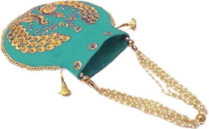 Zoya Gems & Jewellery Gota Patti Potli Bag Green Gold Color Ethnic Designer Silk Peacock Embroidered Pearl Handle Purse. Bridal, Women’s Handbag