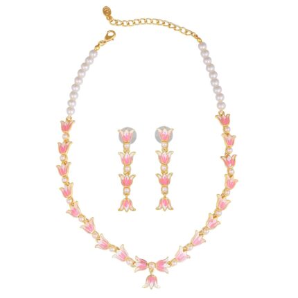 Estele Jewellery Sets for Women Gold Plated Pink & White Enamel Attractive Lotus Designer Ethnic Pearl Necklace Set Versatile Chic for Women & Girls