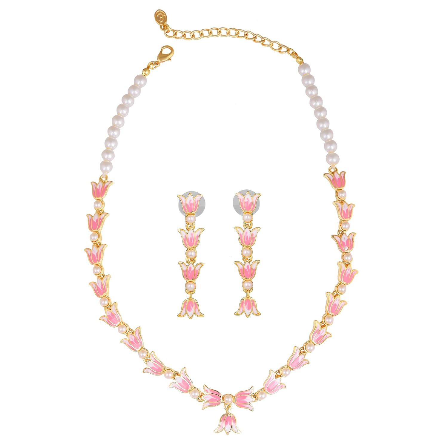 Estele Jewellery Sets for Women Gold Plated Pink & White Enamel Attractive Lotus Designer Ethnic Pearl Necklace Set Versatile Chic for Women & Girls