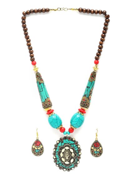 Shining Diva Fashion Latest Stylish Traditional Tibetan Pendant Necklace Jewellery Set for Women