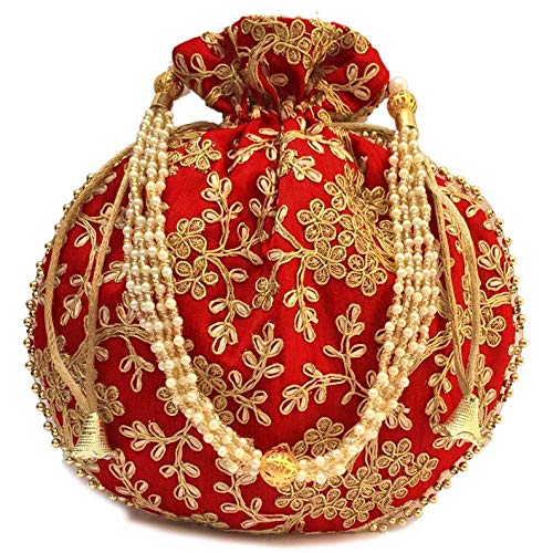 Zoya Gems & Jewellery Women Wristlets Ethnic Potli For Women | Designer Rajasthani Style Royal Clutch Silk Batwa | Zari Work Potli | Bridal Potli | Potli- Red