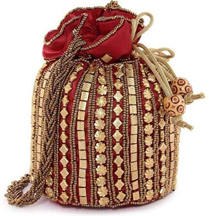 Zoya Gems & Jewellery Women’s Handbag, Wedding Potli Bag, Evening Bags, Designer Cotton Potli Bag, Maroon Potli Bag Purse, Indian Ethnic Potli Bag,