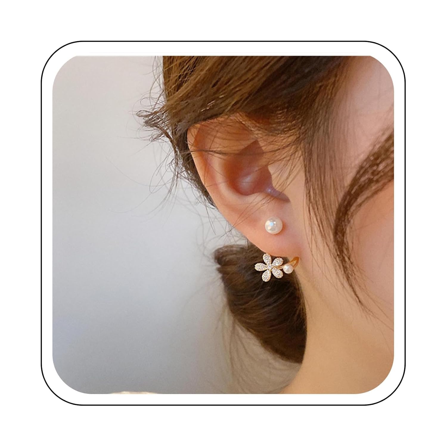 YienDoo Boho Tulip Ear Cuff Wrap Earring Gold Pave Rhinestone Flower Ear Jacket Earring Statement Pearl Piercing Wrap Stud Earring Crystal Flora Climbers Crawler Earrings Jewelry for Women