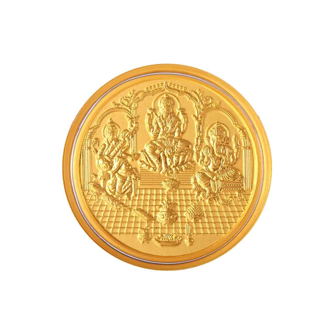 P.C. Chandra Jewellers 24Kt 999 Yellow Gold Laxmi Saraswati Ganesh-Inscribed P.C. Chandra Jewellers 24Kt 999 Yellow Gold Laxmi Saraswati Ganesh-Inscribed Foil Coin - 0.5 Gram