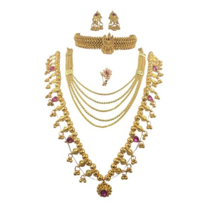 Swaroop Designer Maharashtrian Traditional Jewellery Kolhapuri Saaj Thushi Bridal 5 Layer Long Necklace Marathi Wedding Jewellery Set Earring Nath Combo For Women