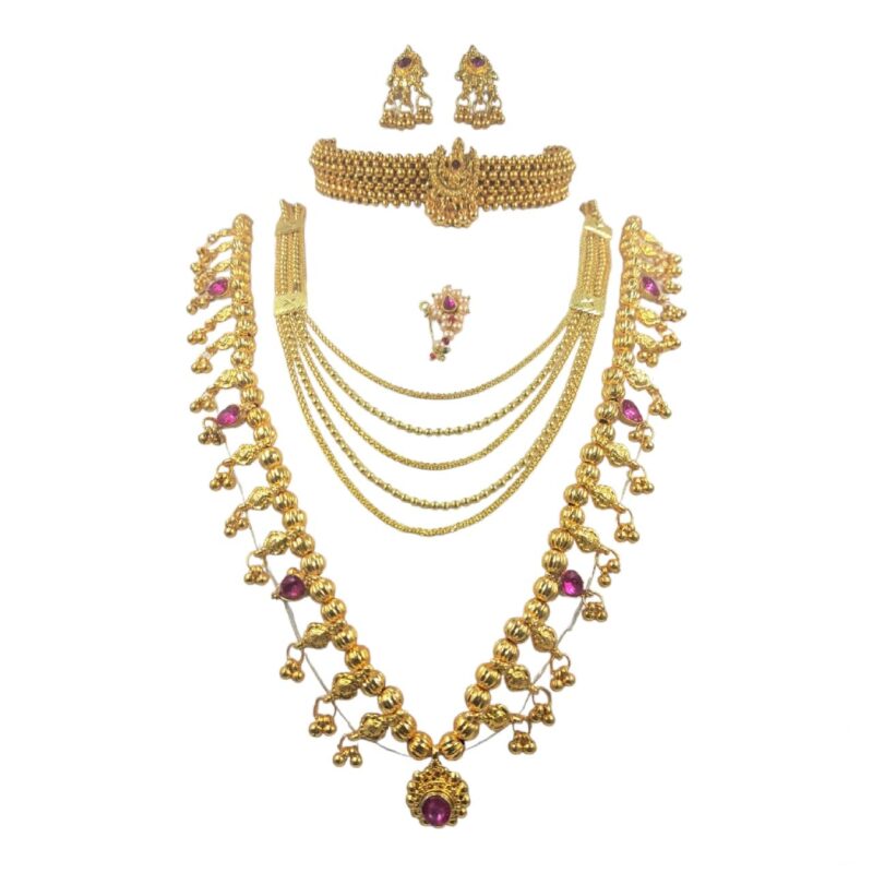 Swaroop Designer Maharashtrian Traditional Jewellery Kolhapuri Saaj Thushi Bridal 5 Layer Long Necklace Marathi Wedding Jewellery Set Earring Nath Combo For Women