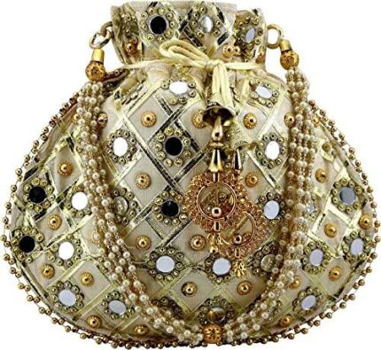 RKG HANDICRAFTS Gems & Jewellery Gold Potli Wristlets Ethnic Potli For Women's | Designer Rajasthani Style Royal Clutch Silk Batwa | Zari Work Potli | Bridal Potli | Potli Bags
