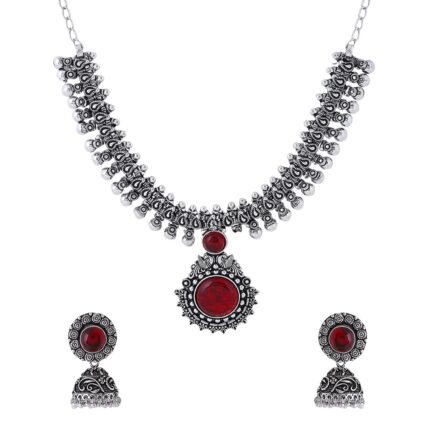 Yellow Chimes Exclusive Antique Design Vintage Oxidised Silver Kolhapuri Stone Choker Necklace Set with Jhumka Earrings for Women and Girls