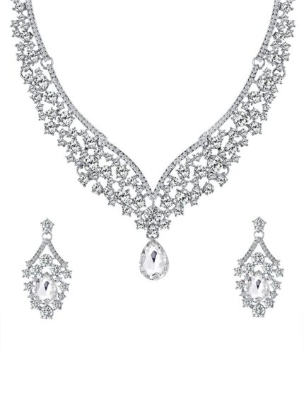 Yellow Chimes Jewellery Set for Women and Girls Fashion White Crystal Jewellery Set for Women | Silver Toned Crystal Choker Necklace Set | Birthday Gift for Girls & Women