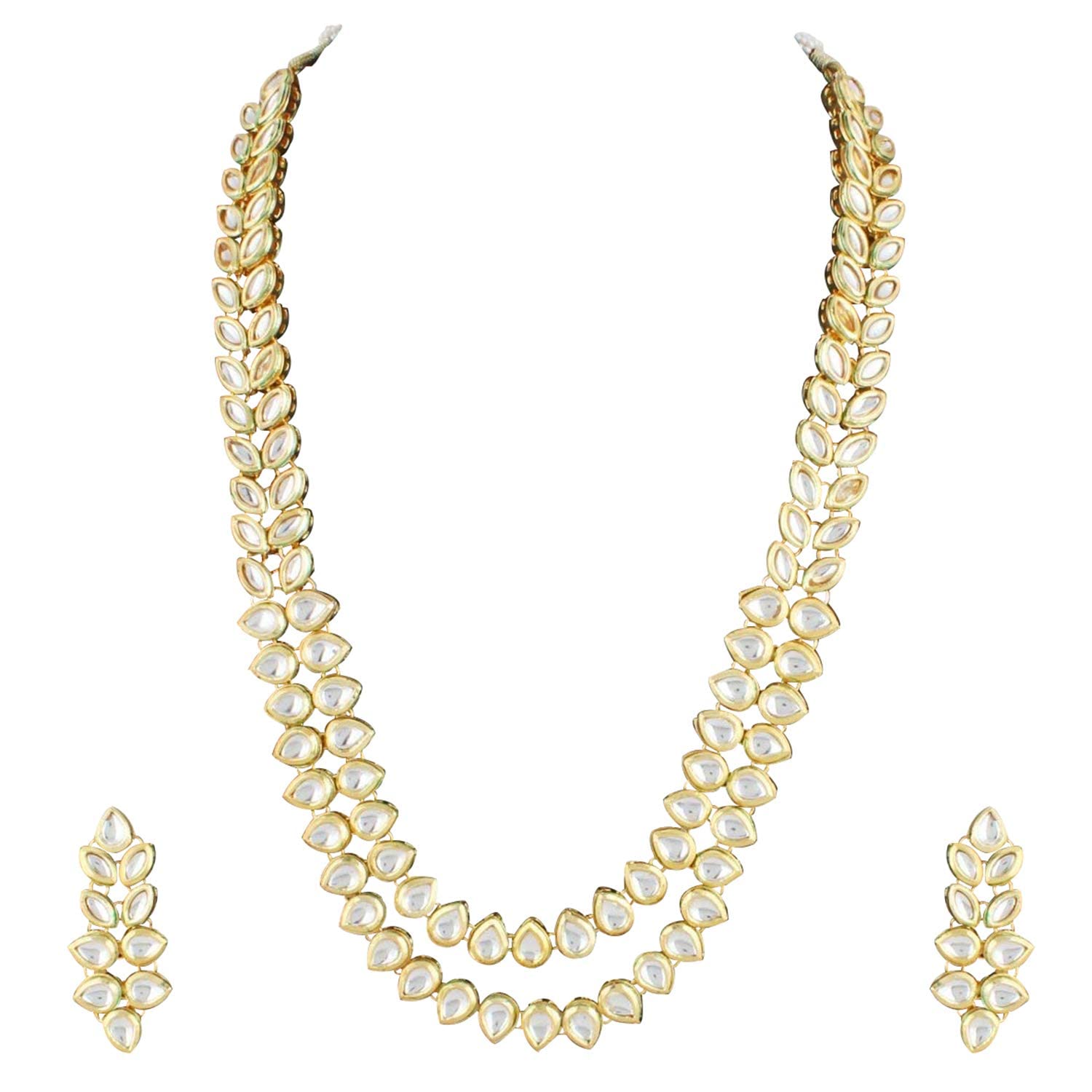I Jewels Gold And Silver Plated Traditional 2 Layered Long Kundan Studded Necklace Jewellery Set with Earrings for Women And Girls (IJ363)