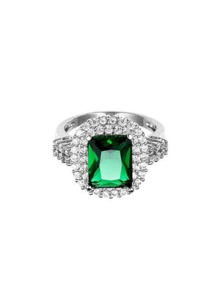 Yellow Chimes Green and White Crystal Studded Cocktail Style Manmade Emerald Green Crystal SilverTone Square Shaped Finger Rings for Women Valentine Gift for Girls