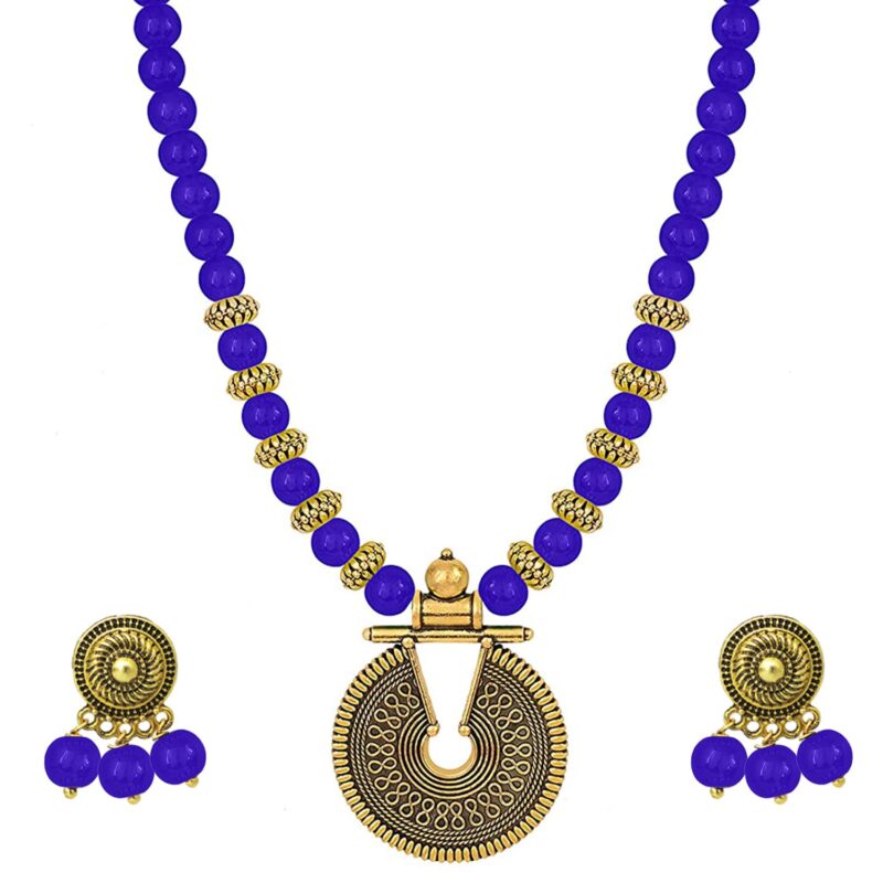 JFL Gold Mint Green Beaded Necklace set Keyhole pendant design adjustable length designer set for women & girls