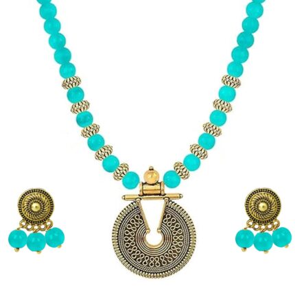 JFL Gold Mint Green Beaded Necklace set Keyhole pendant design adjustable length designer set for women & girls