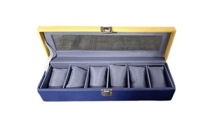Handcrafted 6-Slot Watch Box Pu Leather & Acrylic Glass Lid Stylish Watches Storage Case for Men & Women Gift Item (Yellow and Navy Blue)