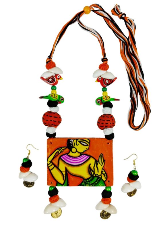 ADRIZA'S Handmade Hand painted Indian Folk Art Dancing Women Pendant Wooden Necklace and Earring Jewellery Set for Women