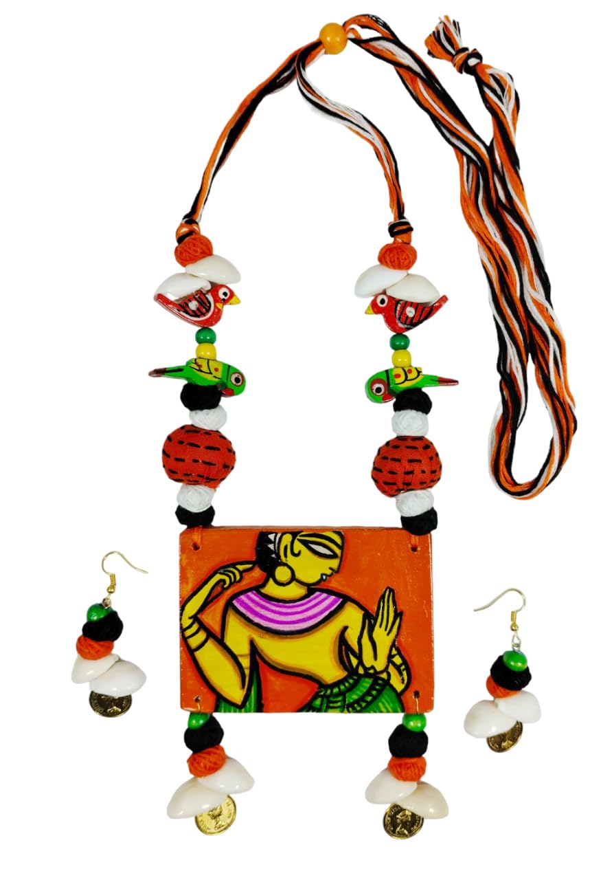 ADRIZA'S Handmade Hand painted Indian Folk Art Dancing Women Pendant Wooden Necklace and Earring Jewellery Set for Women
