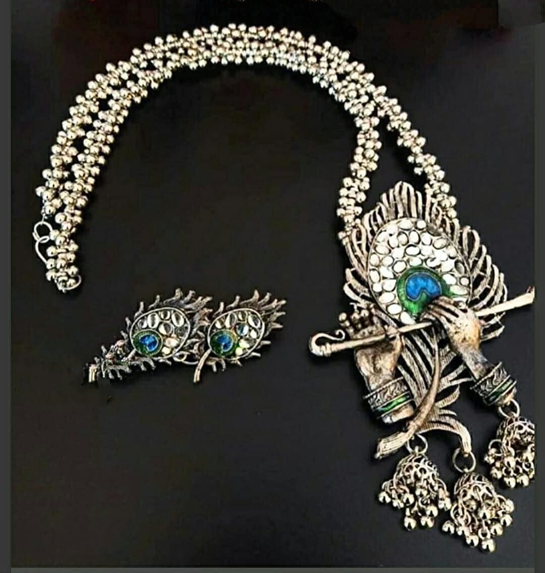 RAPID Silver Coated Oxidised Designer Jewellery Krishna Flute Necklace Set for Women & Girls