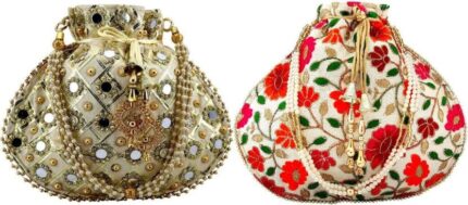 RKG HANDICRAFTS Gems & Jewellery Gold Potli Wristlets Ethnic Potli For Women's | Designer Rajasthani Style Royal Clutch Silk Batwa | Zari Work Potli | bridal potli bags