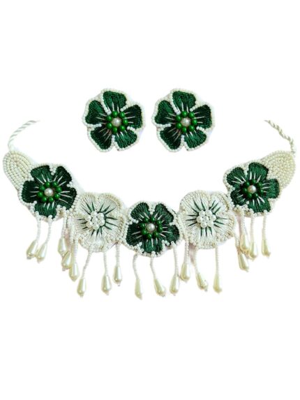 Tipsy Closet Floral Bridal Jewellery Choker Necklace and Earrings Set for Haldi & Mehendi Ceremony Bridal Set for Women Handmade Beaded Pearl Traditional Jewelry Set (Pack of 1)