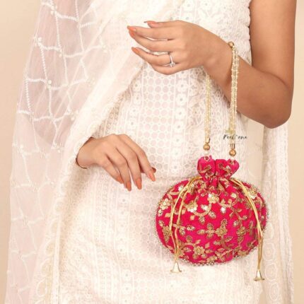 FeelOrna handicrafts and jewellery Wristlets Ethnic Potli For Women's | Designer Rajasthani Style Royal Clutch Silk Batwa Bag | Zari Work Potli | Potli for Gifting Rakhi Anniversary (Pink (Velvet) 2)
