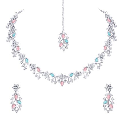 Atasi International Silver Plated American Diamond AD with Colorful Crystal Necklace Jewellery Set for Women/Girls