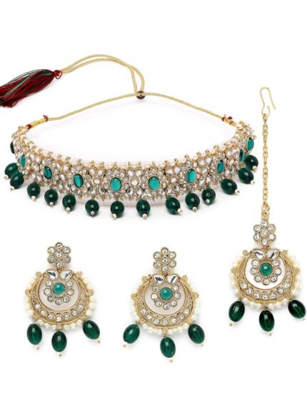 Sukkhi Pretty Traditional Style Gold Plated Kundan & Beads Choker Necklace Set With Earring And Maangtika | Jewellery Set For Women