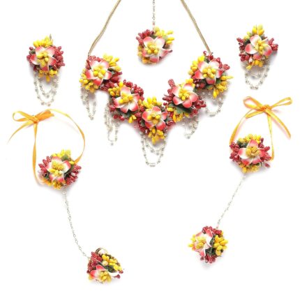 ZENEME White Pearl Beaded Gota Patti Floral Beaded Haldi & Mehendi Necklace With Earrings, Maang Tikka & Bracelet Jewellery Set For Girls and Women