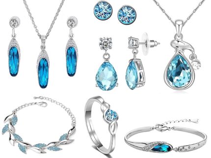 Om Jewells Rhodium Platted Blue Crystal Combo Of Designer Drop Pendant,Tube Pendant Set, Adjustable Solitaire Finger Ring, Solitaire Tops, Bangle Bracelet And Earrings For Girls CO1000319
