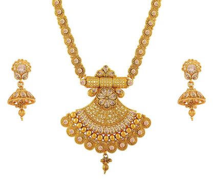 JFL-Jewellery for Less Long Traditional Ethnic One Gram Gold Plated Floral & Polki American Diamond Designer Bridal Necklace Set with Jhumka Earring for Women and Girls.