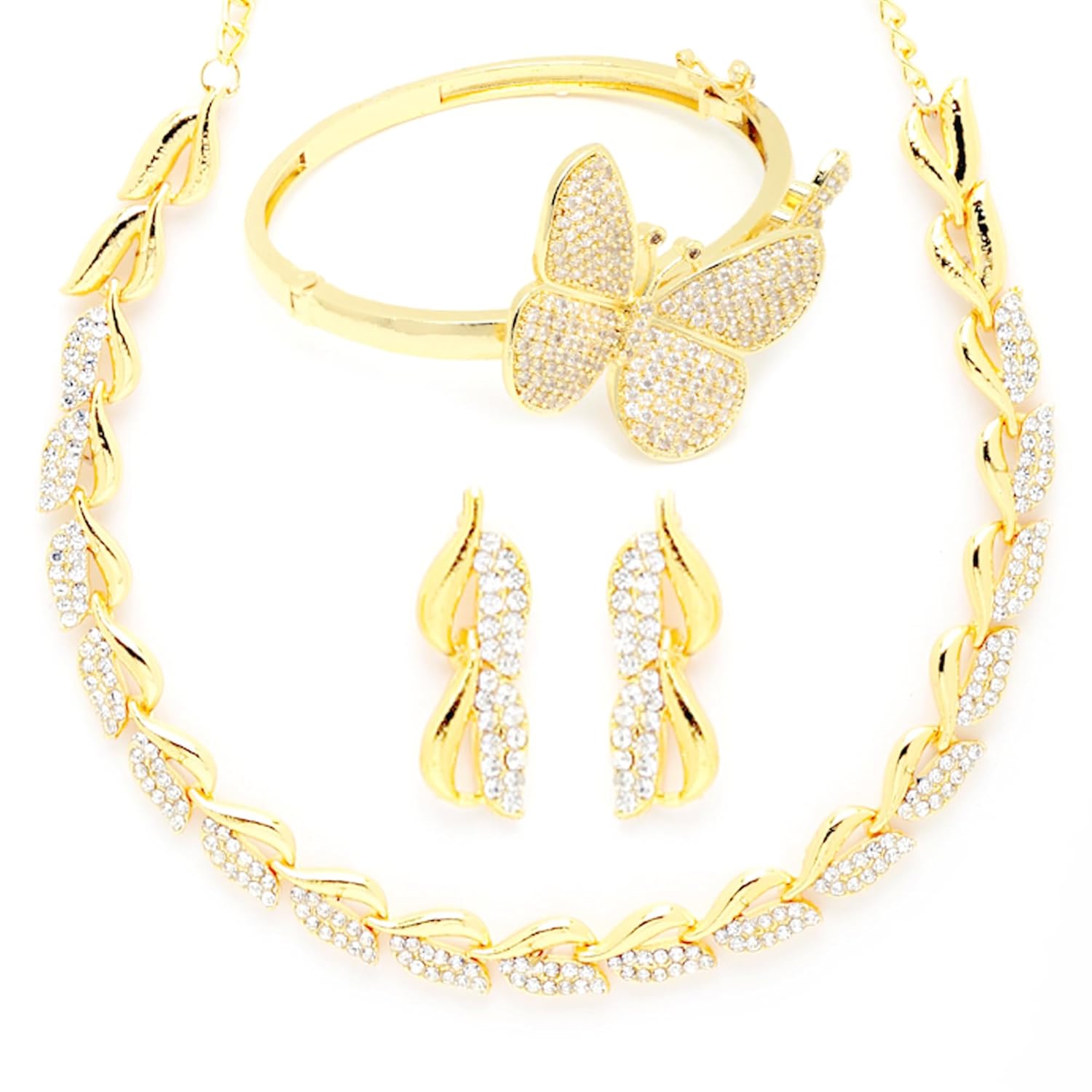 ZENEME American Diamond Studded Leaf Shaped Necklace With Earring and Butterfly Shaped Bracelete Jewellery Shaped For Women and Girl