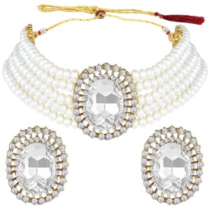 I Jewels Gold Plated Traditional Stone Studded Pearl Choker Necklace Jewellery Set For Women/Girls (ML316)