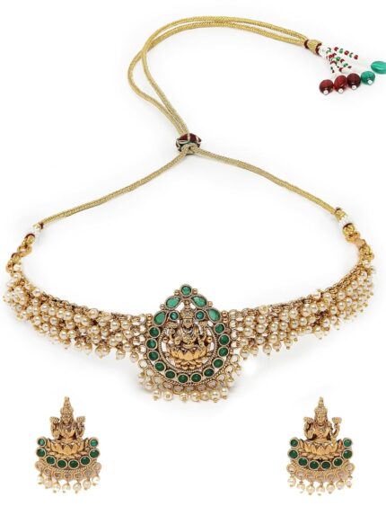 Sukkhi Sparkling Indian Temple Gold Plated Green Beads Choker Necklace Set With Studs Earring | Jewellery Set For Women (NS105622)