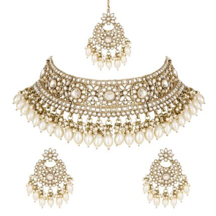 I Jewels Gold Plated Traditional Kundan Pearl Hanging Choker Necklace Jewellery Set With Earrings & Maang Tikka For Women And Girls