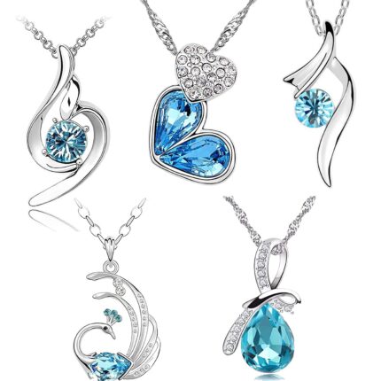 Om Jewells Valentine Gift Rhodium Plated Crystal Jewellery Combo Of 5 Designer Pendant Necklace Studded With Blue Crystal Elements For Girls And Women CO1000342