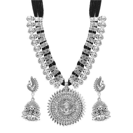 YouBella Jewellery sets for women Antique German Silver Oxidised Plated Tribal Cotton Thread Jewellery Necklace Earring Set for Women & Girls