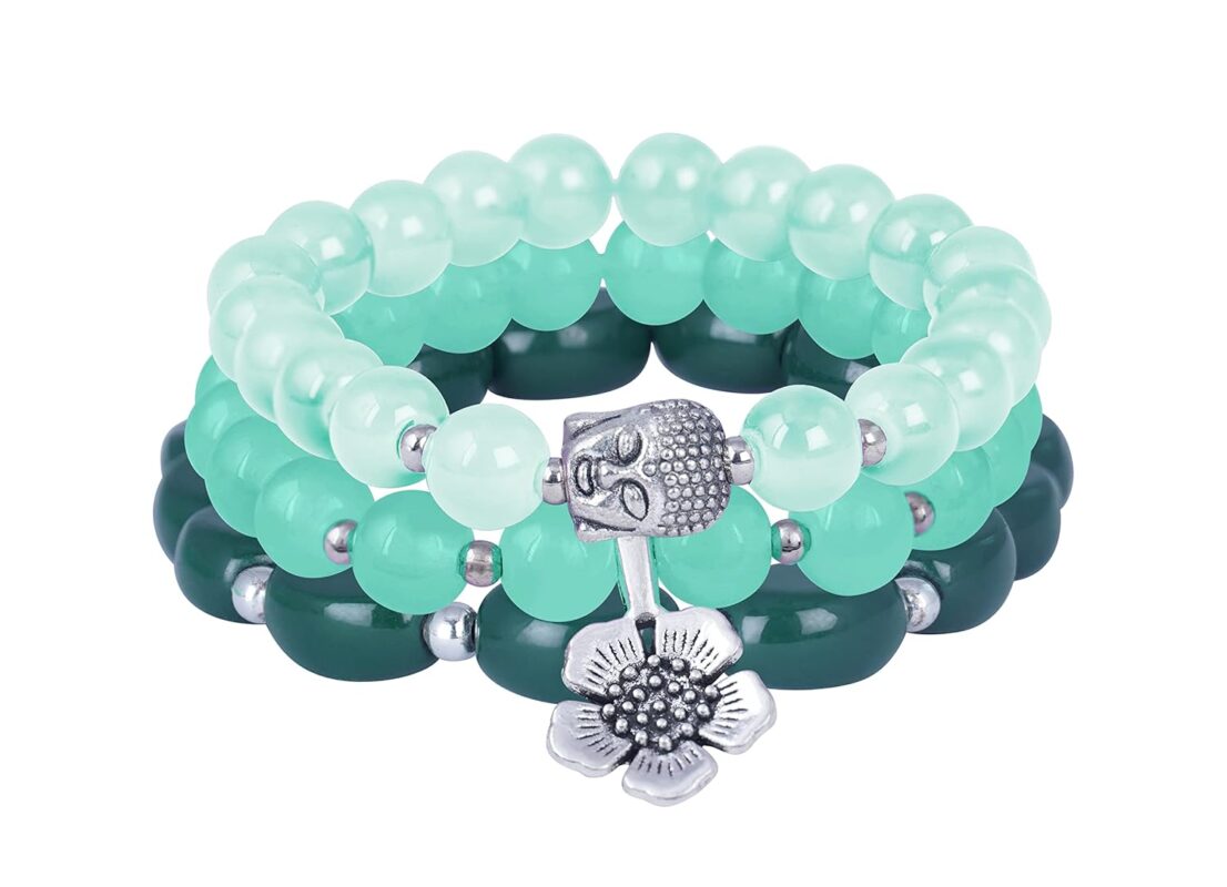 JFL - Jewellery for Less Valentine Gift Healing Green Onyx Beads Silver Buddha Charm Yoga Reiki Natural Stone Unisex Spiritual Energy Strand Stretchable Bracelet for Women/Girls