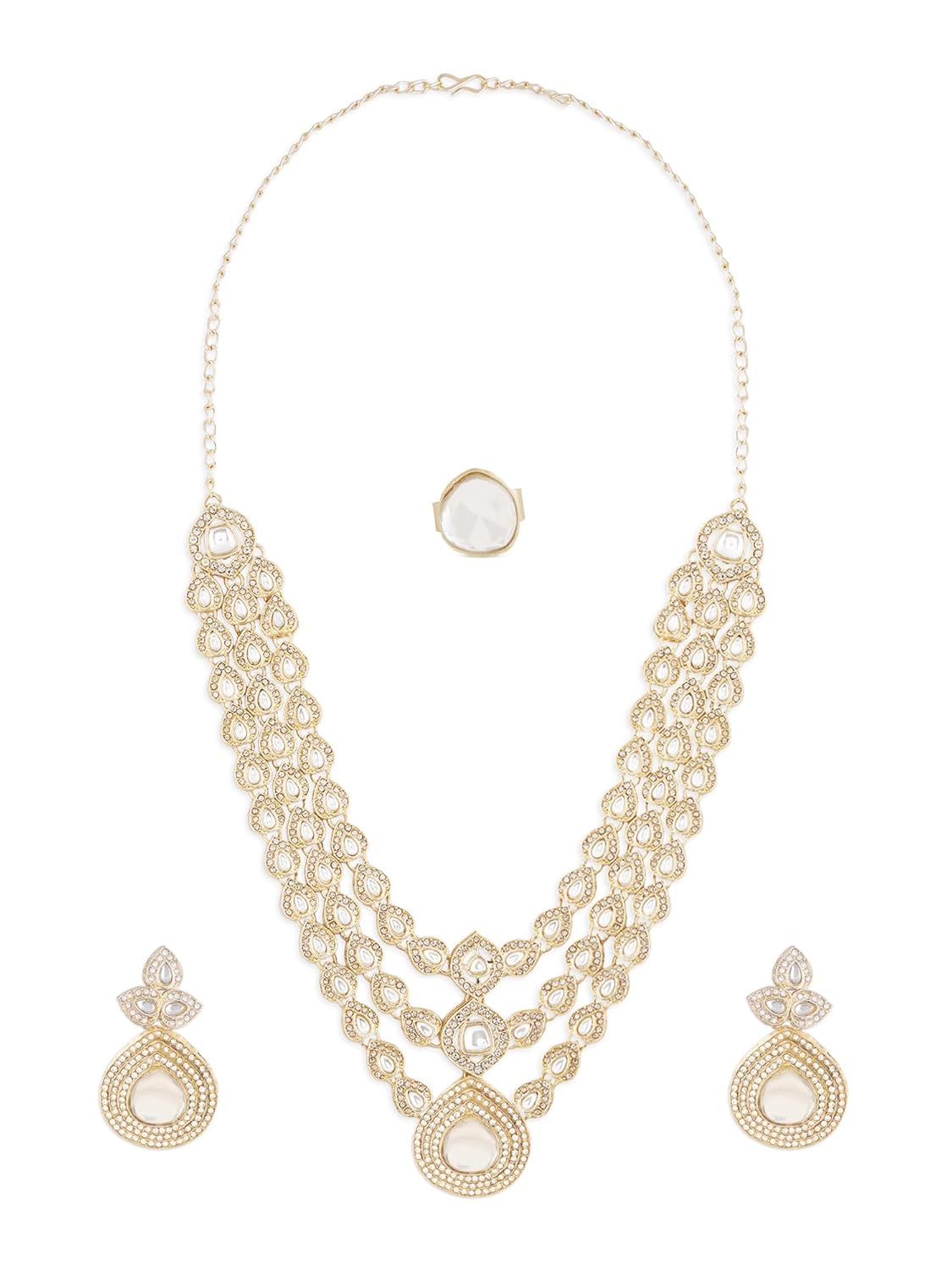 ZAVERI PEARLS Gold Tone Dazzling Stones Austrian Diamonds Layered Necklace Earring & Ring Set For Women-ZPFK18079