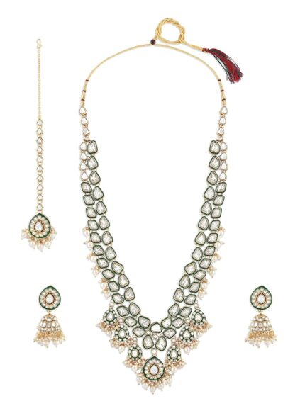 ZAVERI PEARLS Green Meenakari Kundan Bridal Long Dazzling Necklace Earring Maangtikka Set For Women-ZPFK17761