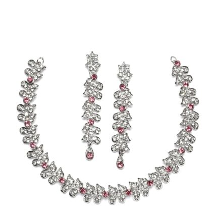 ZENEME Rhodium-Plated Cubic Zirconia Studded Leafy Shaped Necklace With Earrings Jewellery Set For Girls and Women
