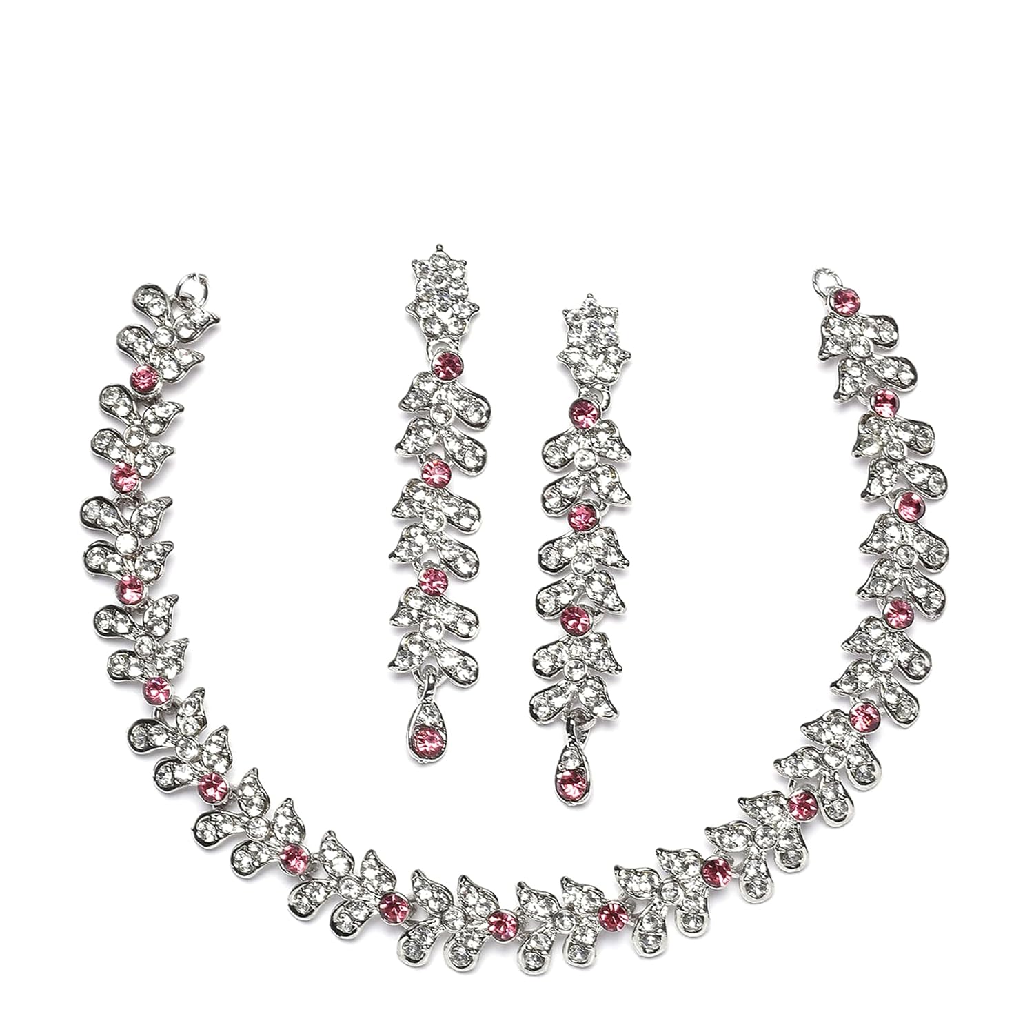 ZENEME Rhodium-Plated Cubic Zirconia Studded Leafy Shaped Necklace With Earrings Jewellery Set For Girls and Women