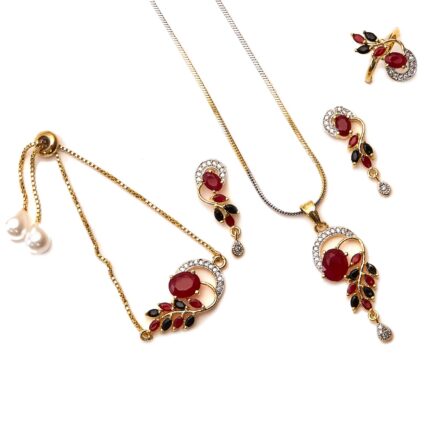 Zeneme Jewellery Set American Diamond Gold Plated Traditional Style Necklace Pendant Set, Ring, Bracelet with Earring Jewellery for Women and Girls