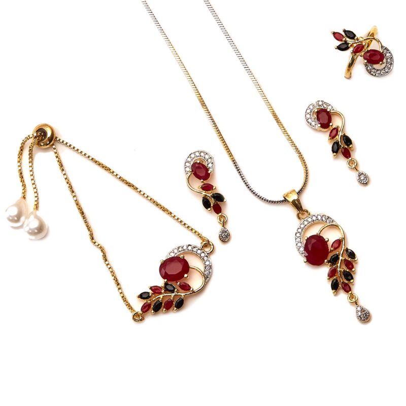 Zeneme Jewellery Set American Diamond Gold Plated Traditional Style Necklace Pendant Set, Ring, Bracelet with Earring Jewellery for Women and Girls