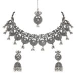 I Jewels Navratri Ethnic Silver Oxidized Traditional Afghani Choker Necklace Jewellery Set for Women (MC138OX)