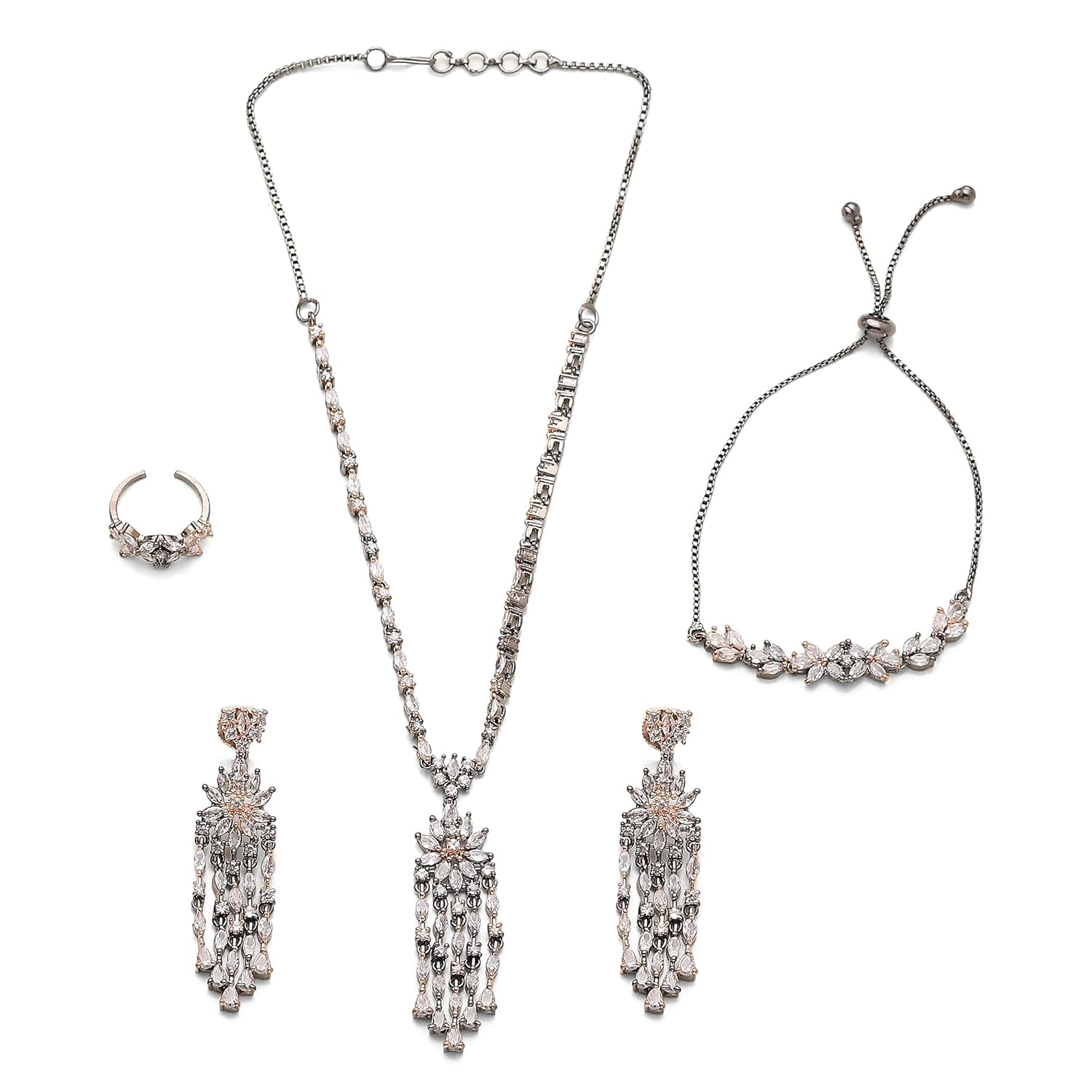 ZENEME Rose Gold-Plated Gunmetal Toned White American Diamond Collar Necklace with Designer Drop Earrings Bracelet and Ring Jewellery Set For Girls and Women
