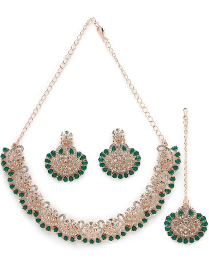 Sukkhi Admirable Fashionable AD Green Stones Collar Bone Necklace Set With Earring And Maangtika | Jewellery Set For Women (NS105673)
