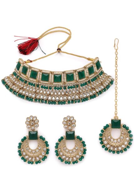 Sukkhi Classical Bridal Gold Plated Rani Pink Kundan & Beads Studded Choker Necklace Set For Women